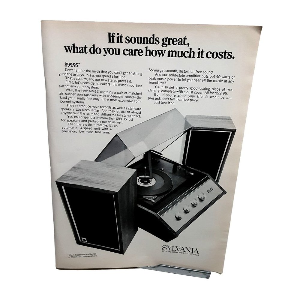 1970 Sylvania Stereo System Turntable Speakers Vintage Print Ad 70s Original